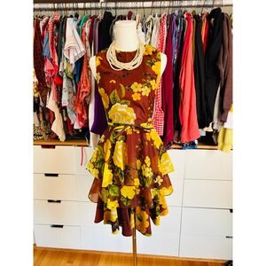 60s Melissa Lane Tiered Ruffle Dress size small 6 Yellow Floral Vintage 70s Boho